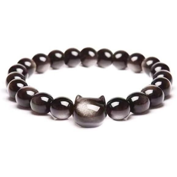 Money Attraction Cat Bracelet - Black Obsidian Women Bracelets -Wealth Bracelet - Picture 1 of 7
